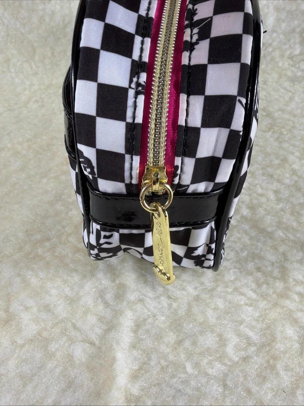 Betsey Johnson Black & White Checkered Cosmetic Pouch with Floral Motif